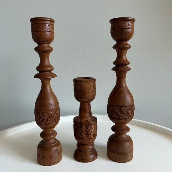 Vintage Set of 3 Hand Carved Wooden Candlesticks Boho Home Decor India - Picture 4 of 9